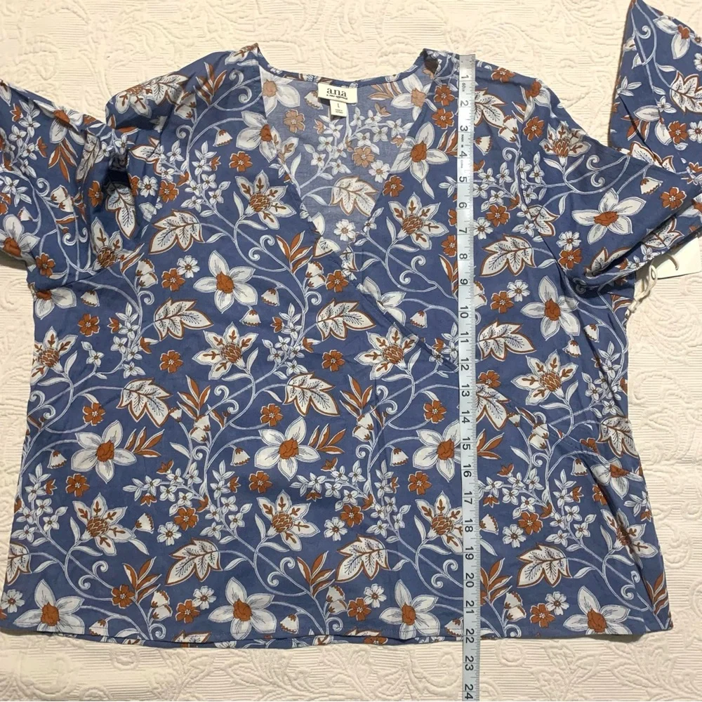A.N.A. Blue Floral/Leaf Print Faux Wrap 3/4 Flare Sleeve V-Neck Casual Blouse - Picture 6 of 6